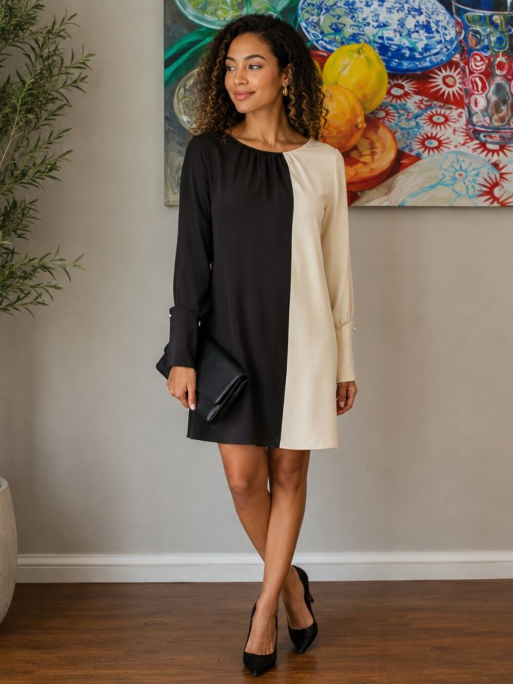 Alice + Olivia Silk Colorblock Crystal Buttons Shift Dress Ivory Brown - Picture 1 of 13